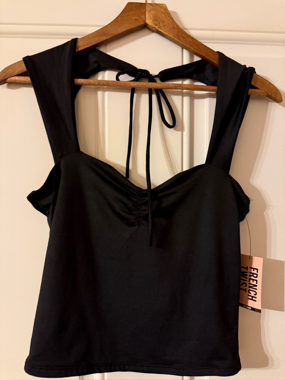 French Twist Black Cropped Top sleeveless with back tie Sz M